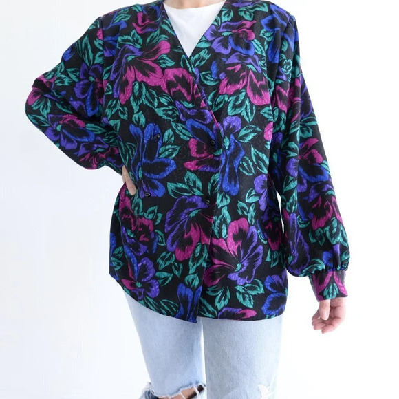 Vintage Lady Dame Plus Black with Floral Design Long Sleeve Button Up Blouse XL - Picture 2 of 14